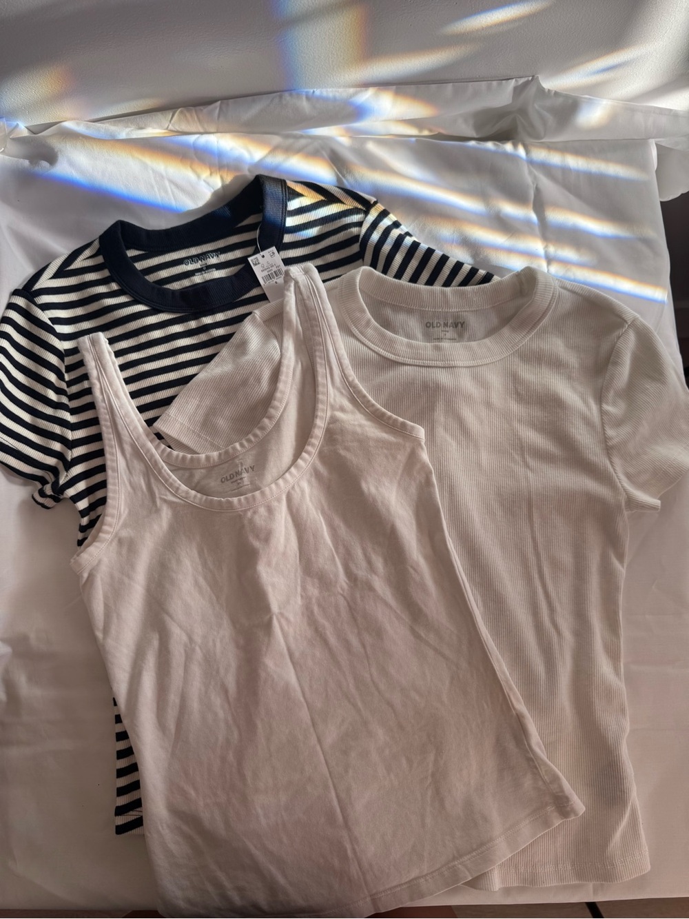 Old Navy Women’s White Tank, White Tee & Navy Stripe Tee